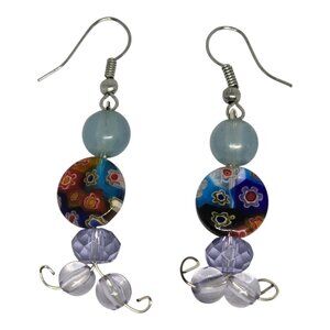 Colorful Millefiori Glass Dangle Earrings With Blue & Purple Beads